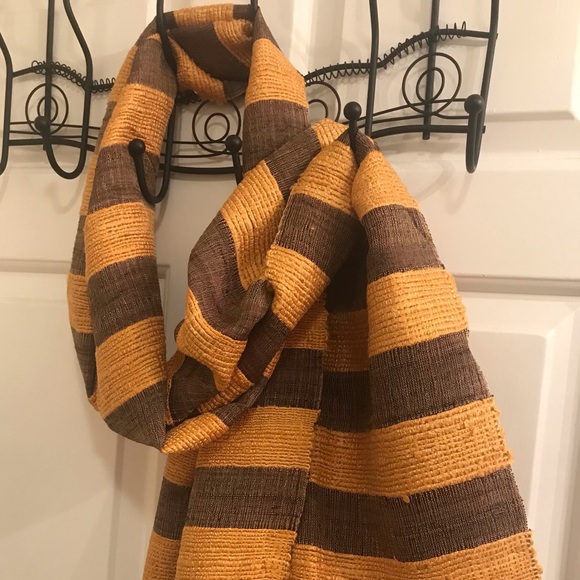 Handcrafted Thai Silk Scarf with Nubby Weave in Gold & Dark Brown - Picture 2 of 9